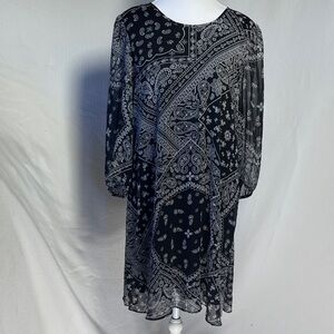 Calvin Klein - Black and White Paisley Dress With Sheer Sleeves Pre-Loved